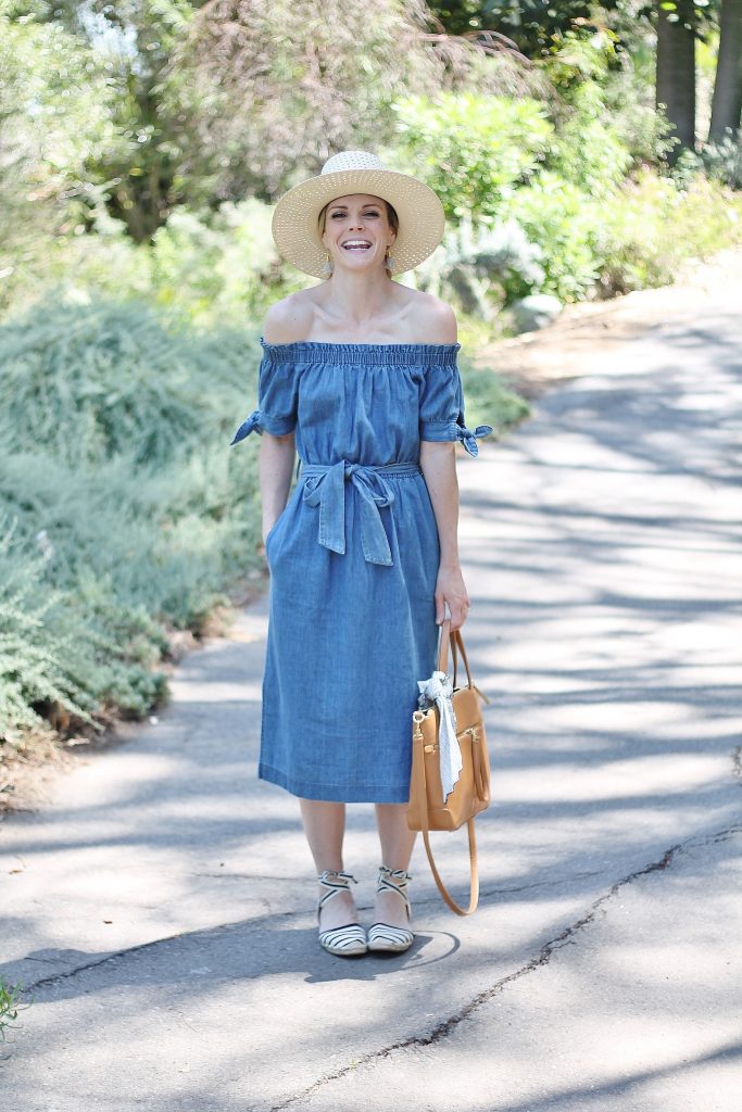 off-the-shoulder chambray dress